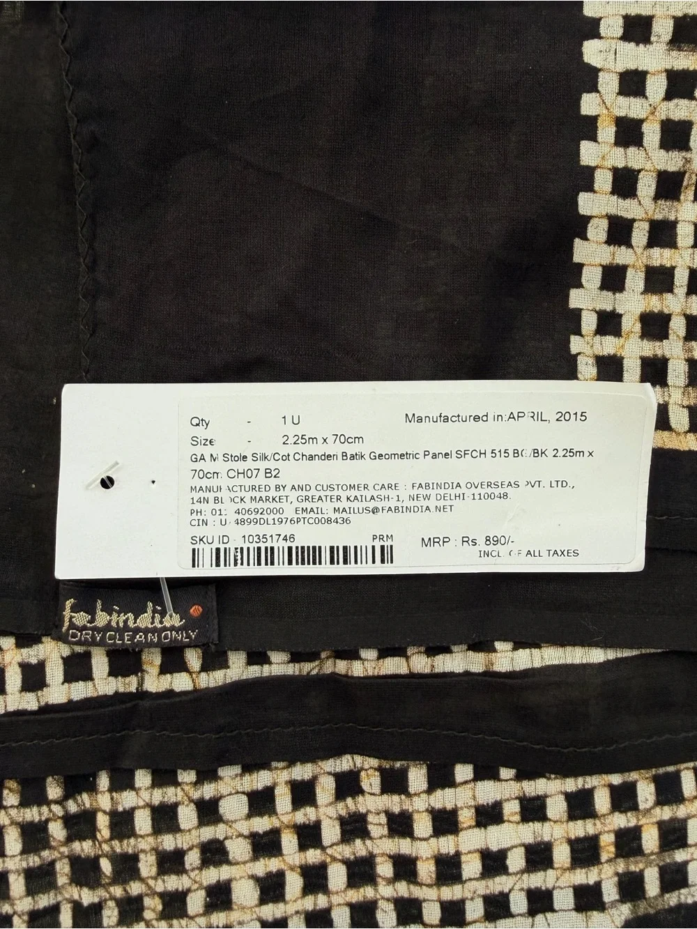 Fabindia Black & Brown Silk-Cotton Chanderi Batik Geometric Dupatta/Scarf